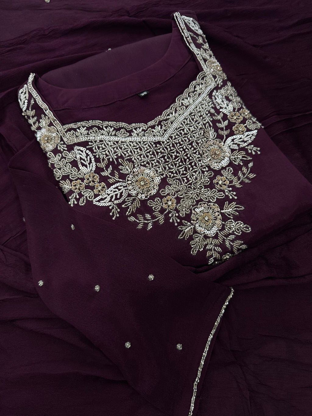 Wine Embroidered Kurti Sharara Suit Set with Dupatta for Women