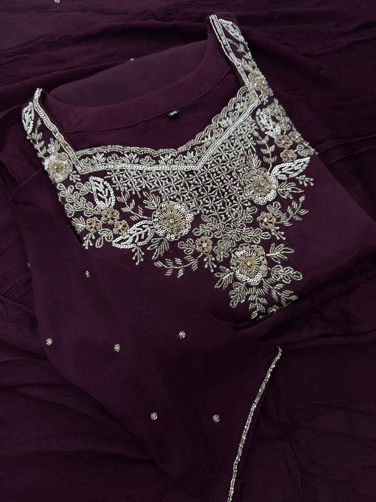 Wine Embroidered Kurti Sharara Suit Set with Dupatta for Women