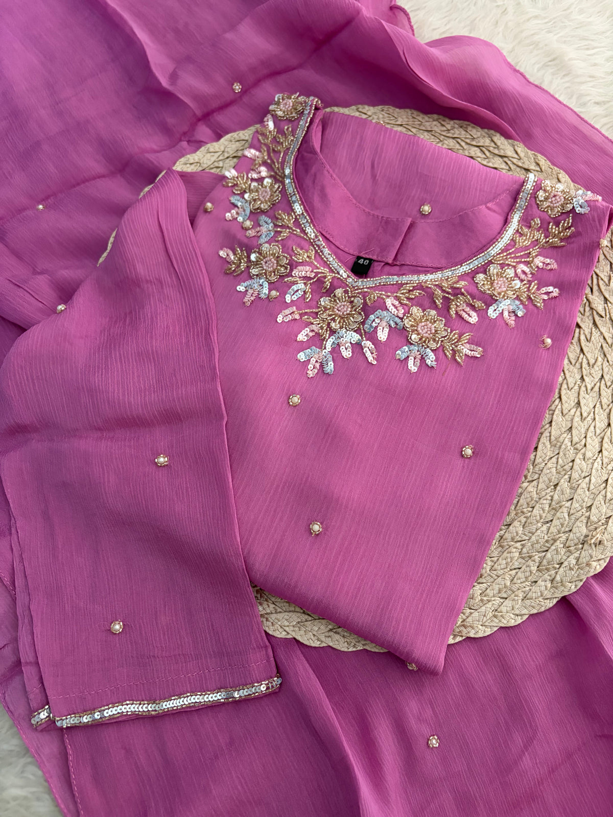 Pink  Designer Embroidered Ethnic Kurta Set with Palazzo &  Dupatta