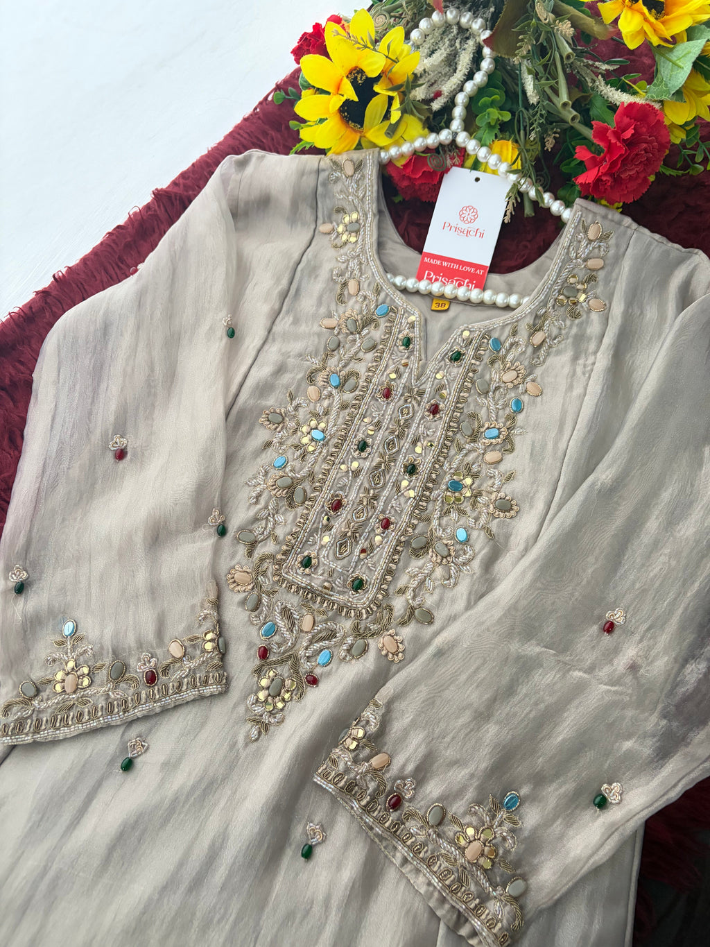 Light Grey Zardozi Embroidered Ethnic Kurta Set for Women with Pants & Dupatta