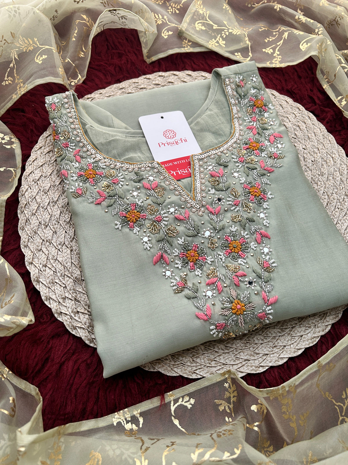 Sage Green Embroidered Designer Ethnic Kurta Set for Women with Pants & Dupatta | Festive Wear Suit Set