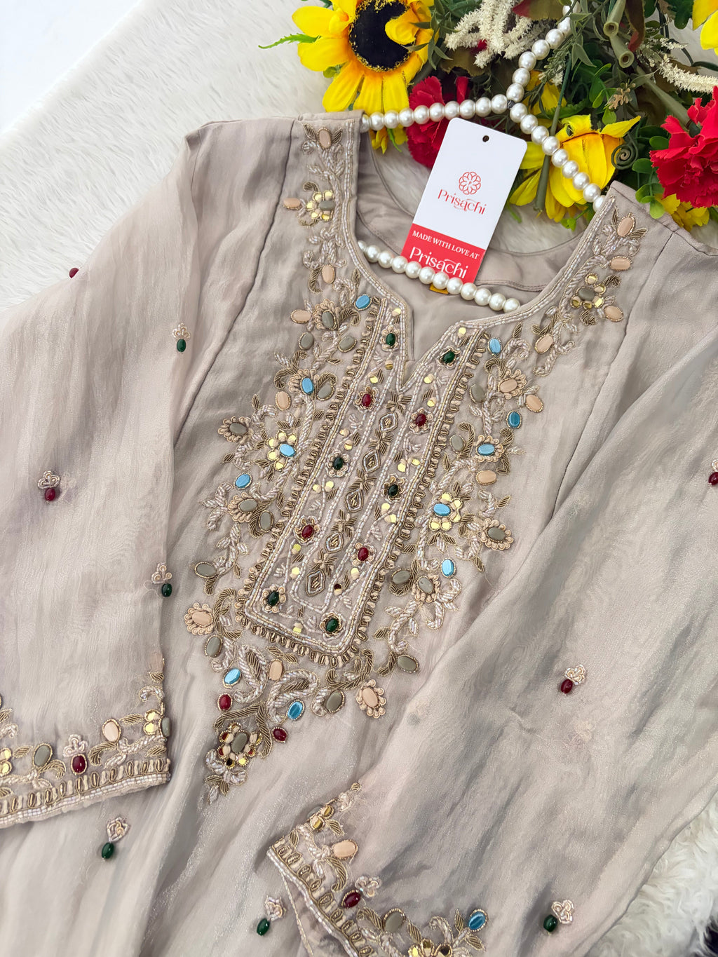 Light Grey Zardozi Embroidered Ethnic Kurta Set for Women with Pants & Dupatta