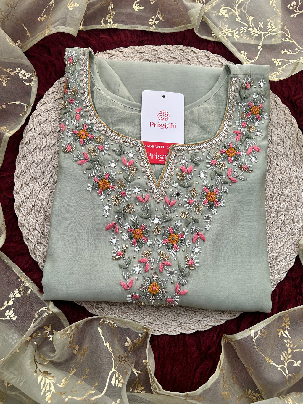 Sage Green Embroidered Designer Ethnic Kurta Set for Women with Pants & Dupatta | Festive Wear Suit Set