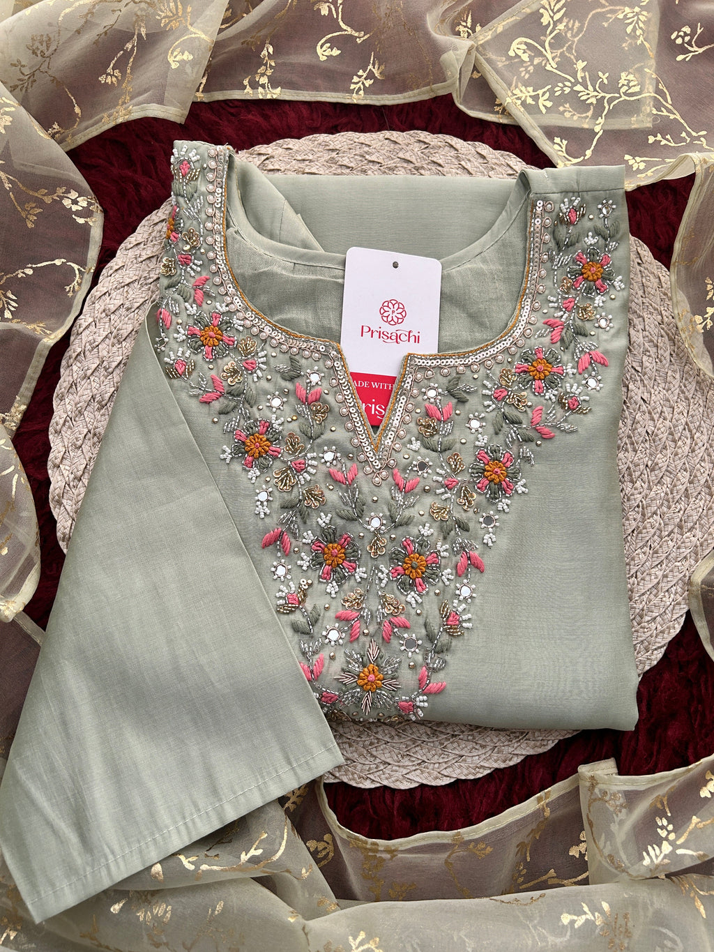 Sage Green Embroidered Designer Ethnic Kurta Set for Women with Pants & Dupatta | Festive Wear Suit Set