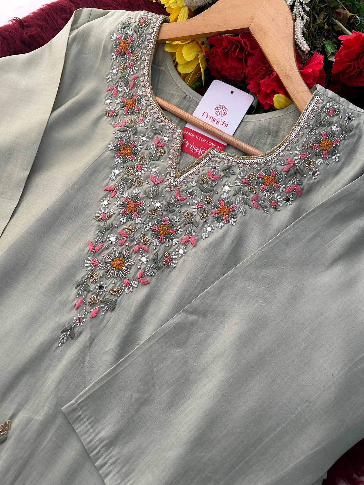Sage Green Embroidered Designer Ethnic Kurta Set for Women with Pants & Dupatta | Festive Wear Suit Set