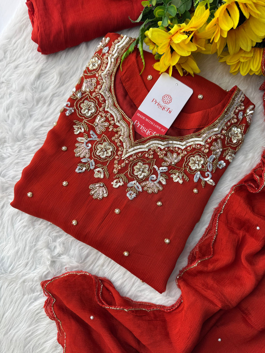Rust Orange Designer Embroidered Kurta Set with Pants & Dupatta – Ethnic Wear