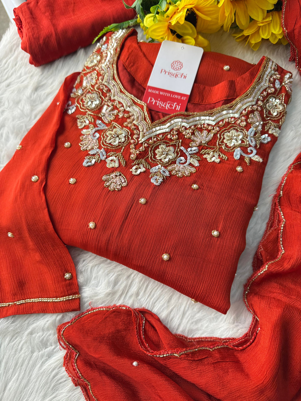 Rust Orange Designer Embroidered Kurta Set with Pants & Dupatta – Ethnic Wear