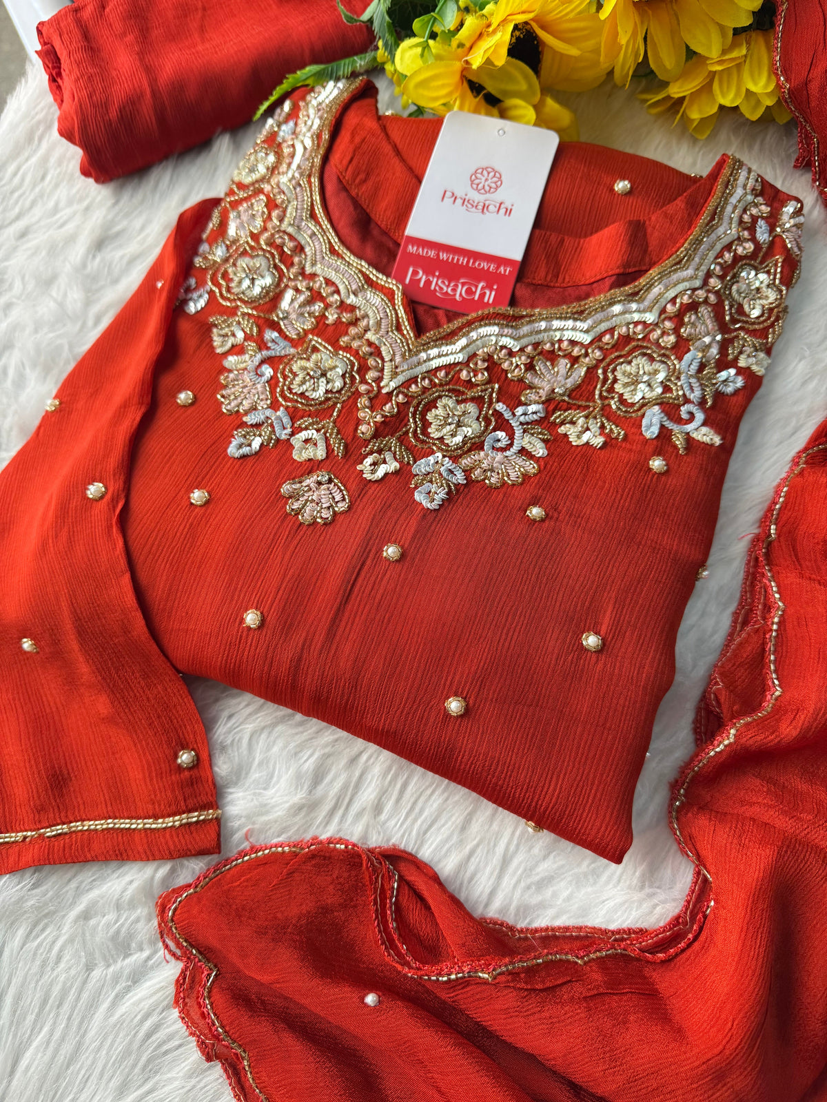 Rust Orange Designer Embroidered Kurta Set with Pants & Dupatta – Ethnic Wear