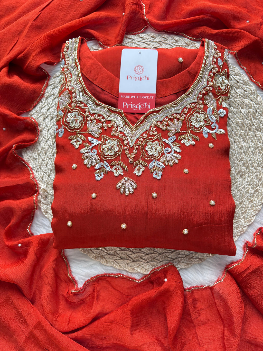 Rust Orange Designer Embroidered Kurta Set with Pants & Dupatta – Ethnic Wear