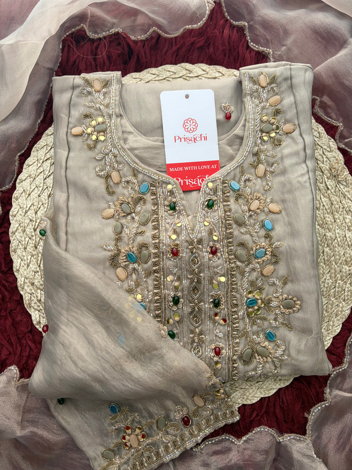Light Grey Zardozi Embroidered Ethnic Kurta Set for Women with Pants & Dupatta