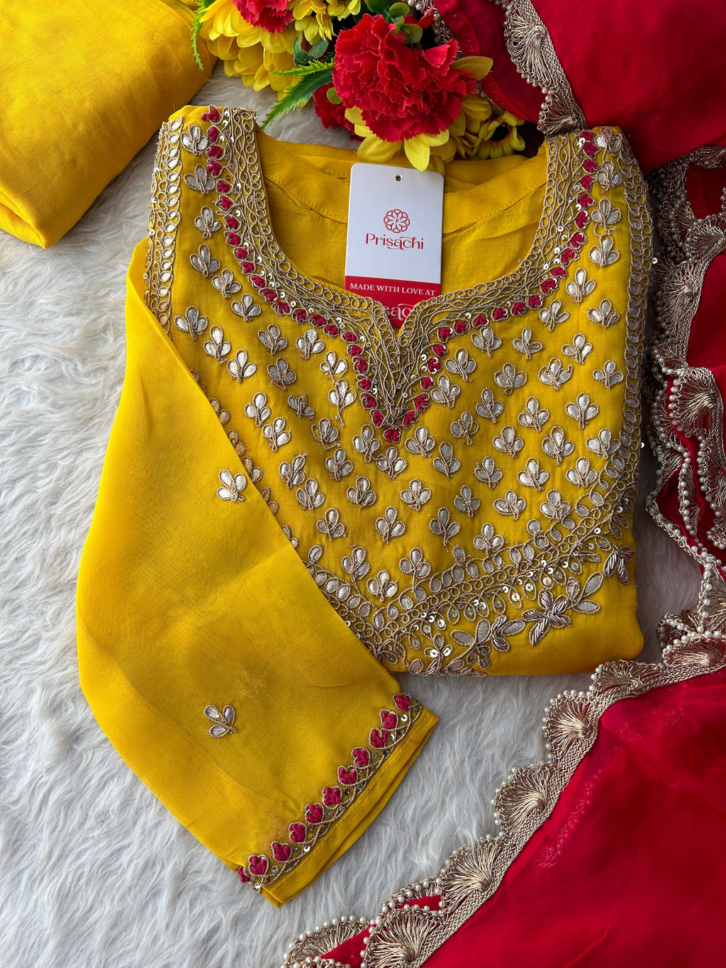 Yellow Embroidered Kurta Set with Pants & Pink Dupatta for Women | Designer Ethnic Wear
