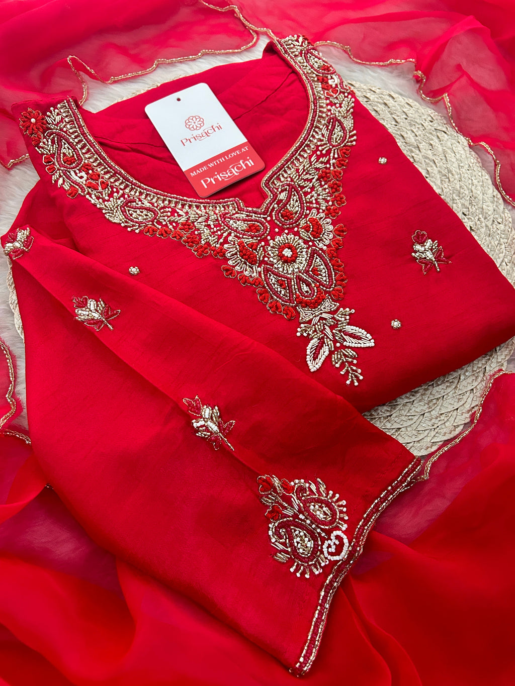 Red Zardozi Embroidered Ethnic A-Line kurta set with dupatta and Pants