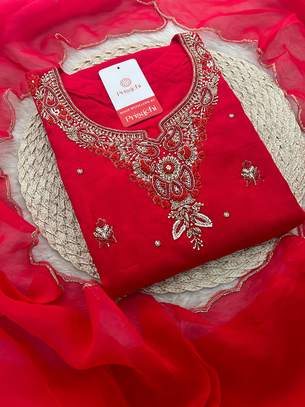 Red Zardozi Embroidered Ethnic A-Line kurta set with dupatta and Pants