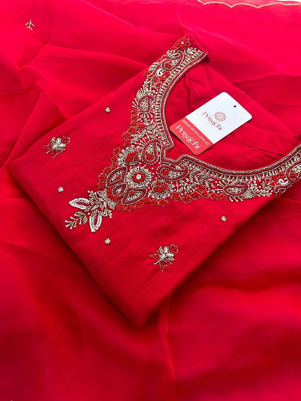 Red Zardozi Embroidered Ethnic A-Line kurta set with dupatta and Pants