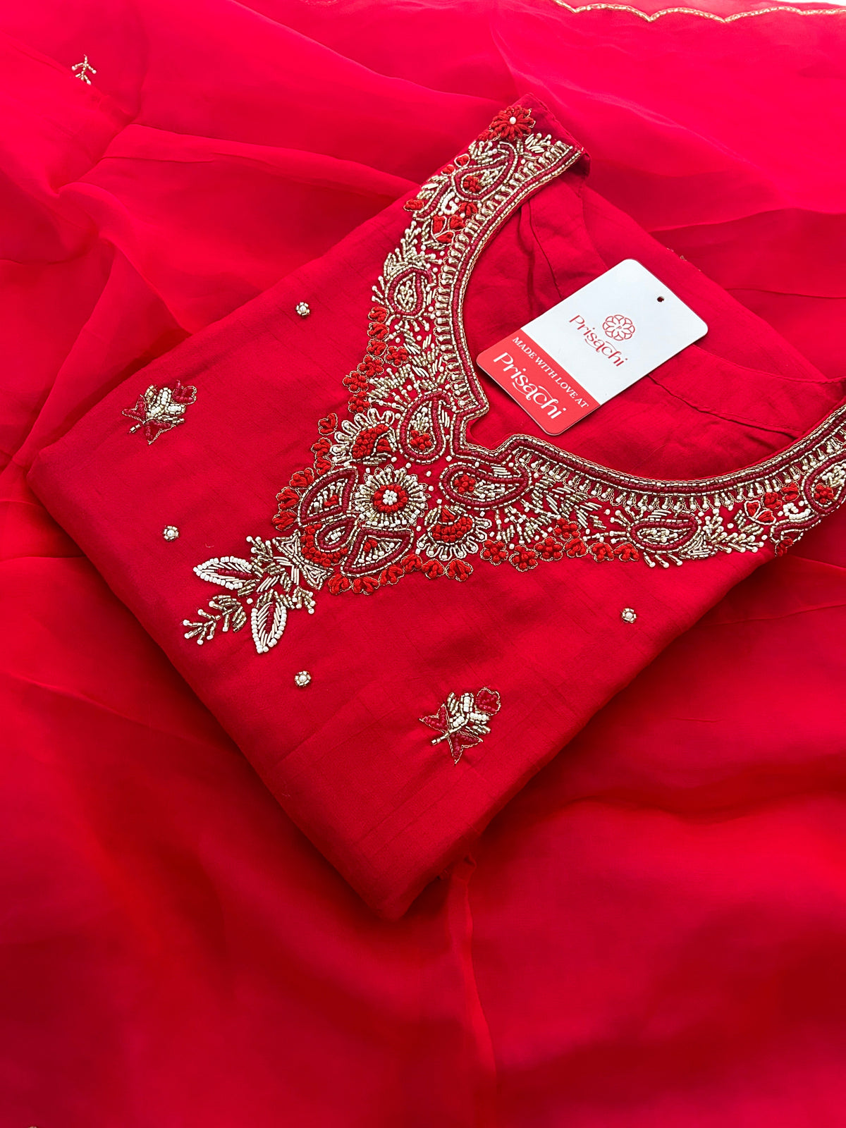 Red Zardozi Embroidered Ethnic A-Line kurta set with dupatta and Pants