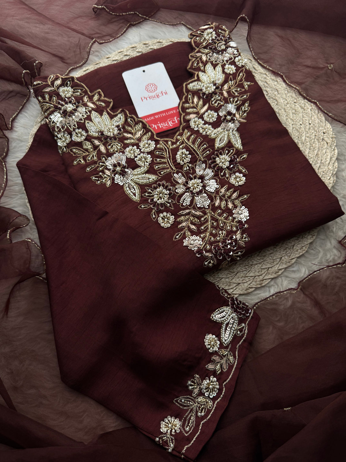Brown Embroidered Ethnic Kurta Set With Pants & Dupatta| Wedding & Festive Wear