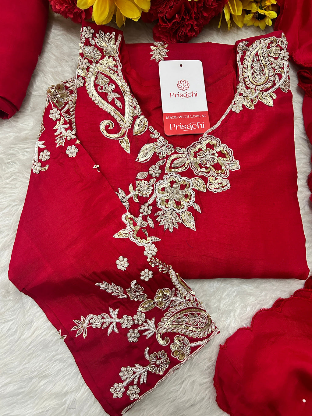 Red Zardozi Embroidered Kurta Set for Women with Pants & Dupatta | Traditional Ethnic Suit