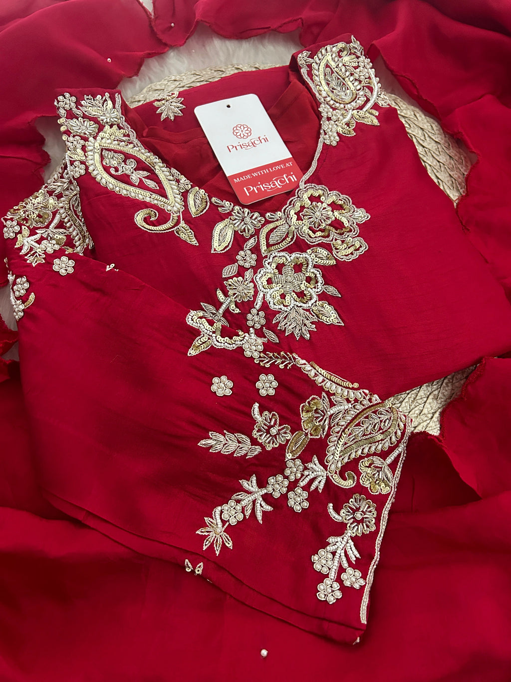 Red Zardozi Embroidered Kurta Set for Women with Pants & Dupatta | Traditional Ethnic Suit
