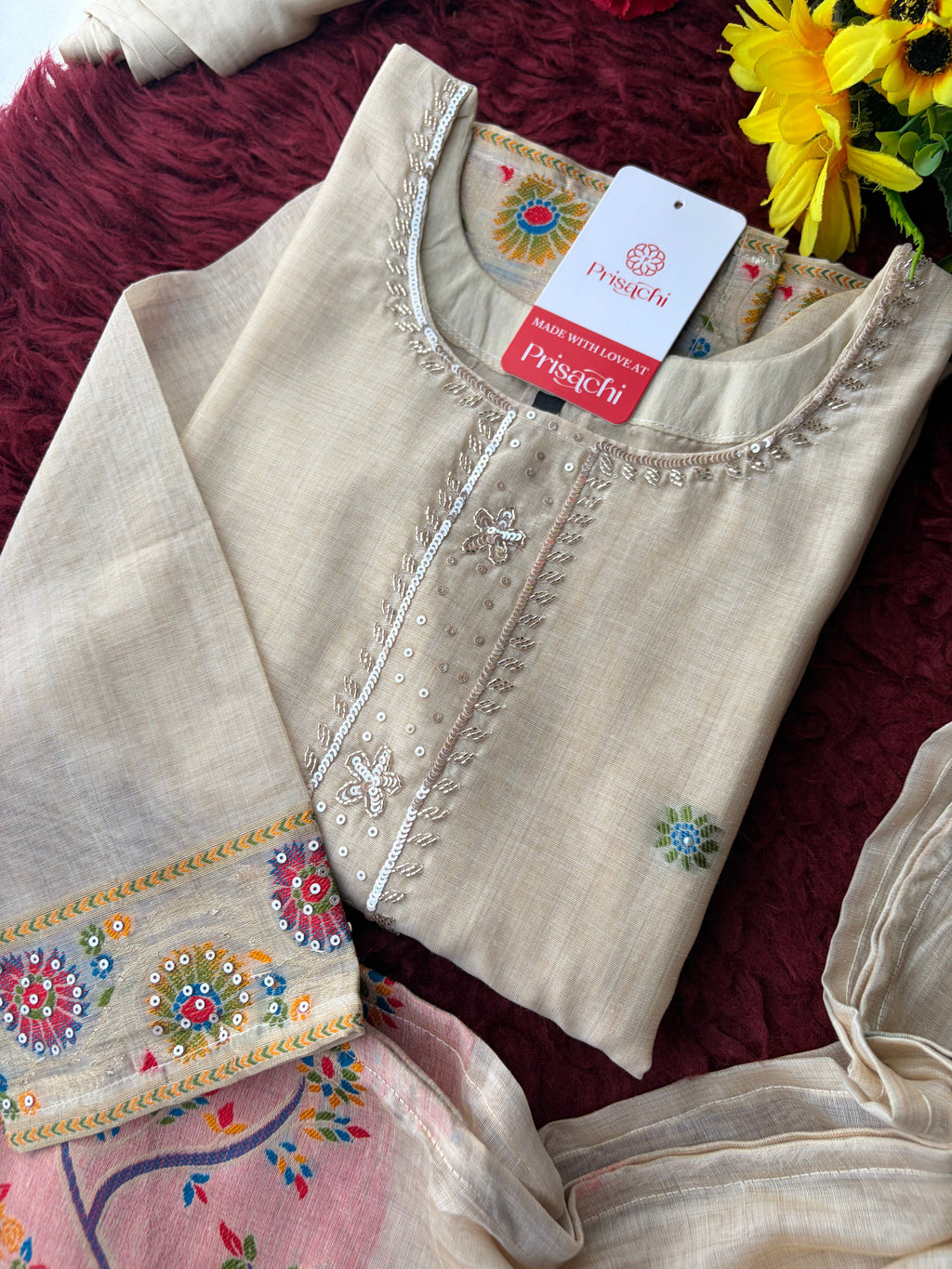 Off White Ethnic embroidered kurta set with Dupatta and Pants