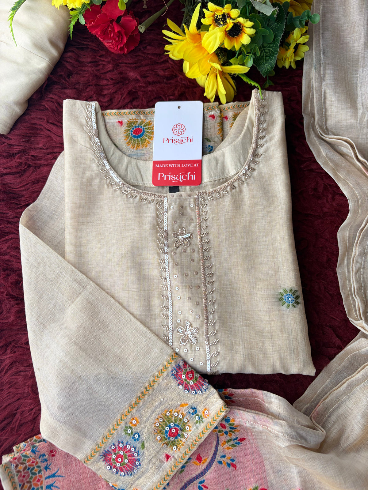 Off White Ethnic embroidered kurta set with Dupatta and Pants