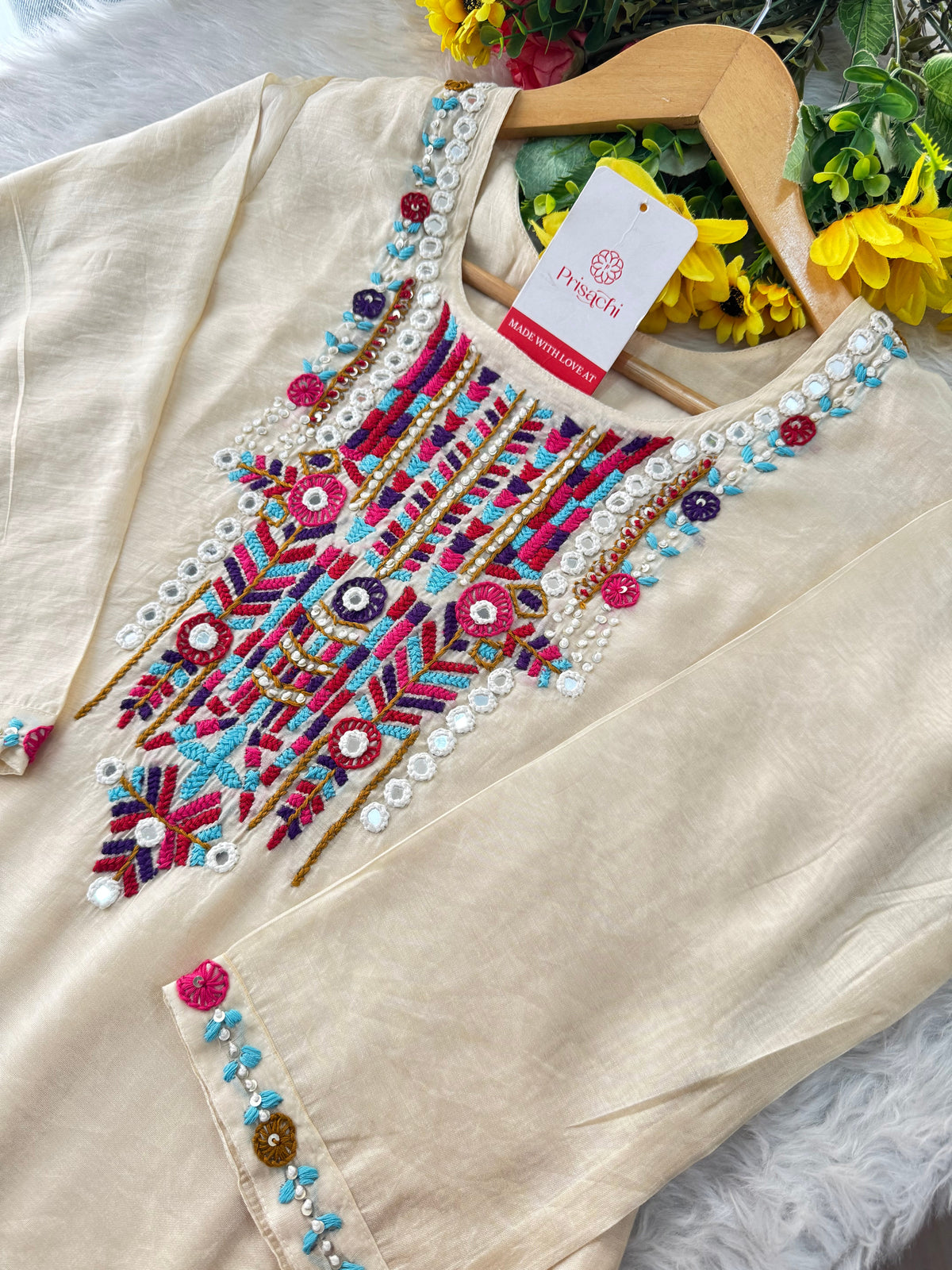 Off White Designer Embroidered Ethnic Kurta set with dupatta and Pants