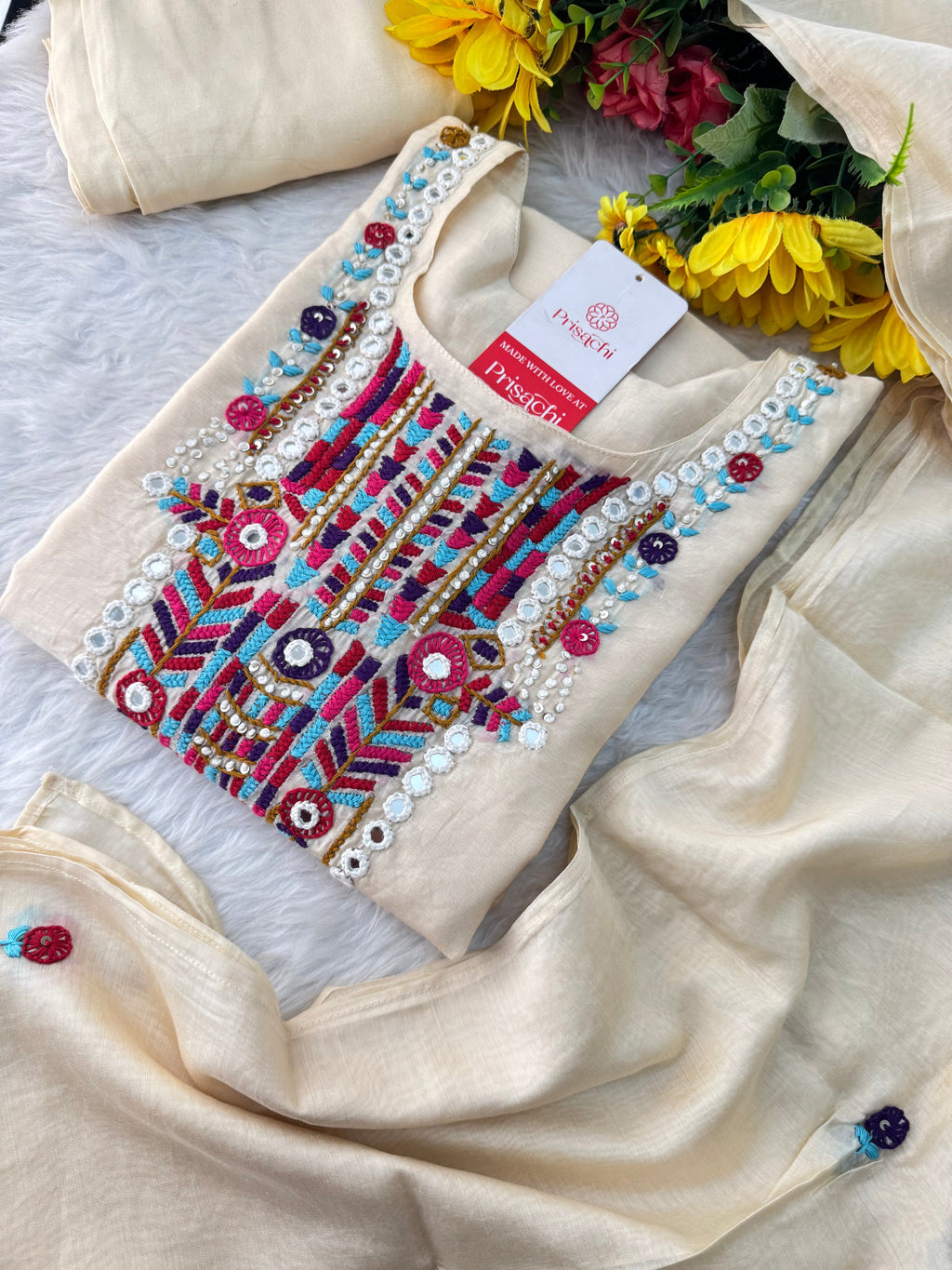 Off White Designer Embroidered Ethnic Kurta set with dupatta and Pants