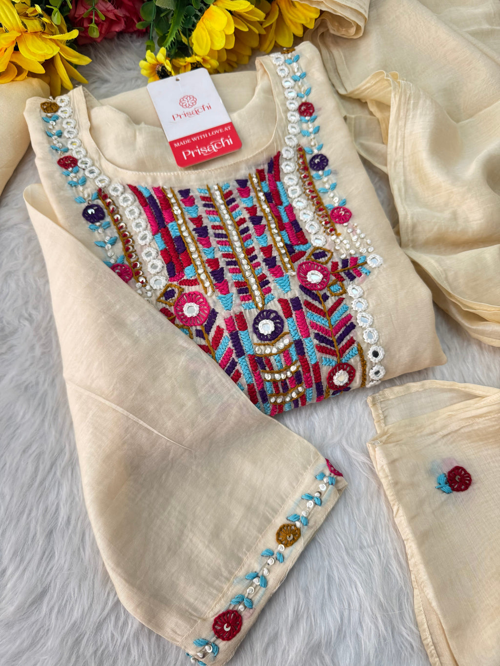 Off White Designer Embroidered Ethnic Kurta set with dupatta and Pants