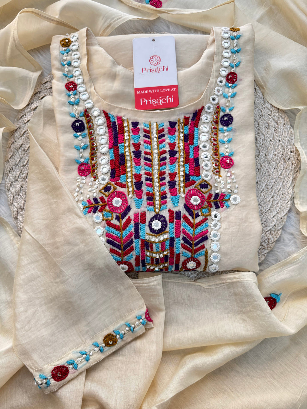Off White Designer Embroidered Ethnic Kurta set with dupatta and Pants