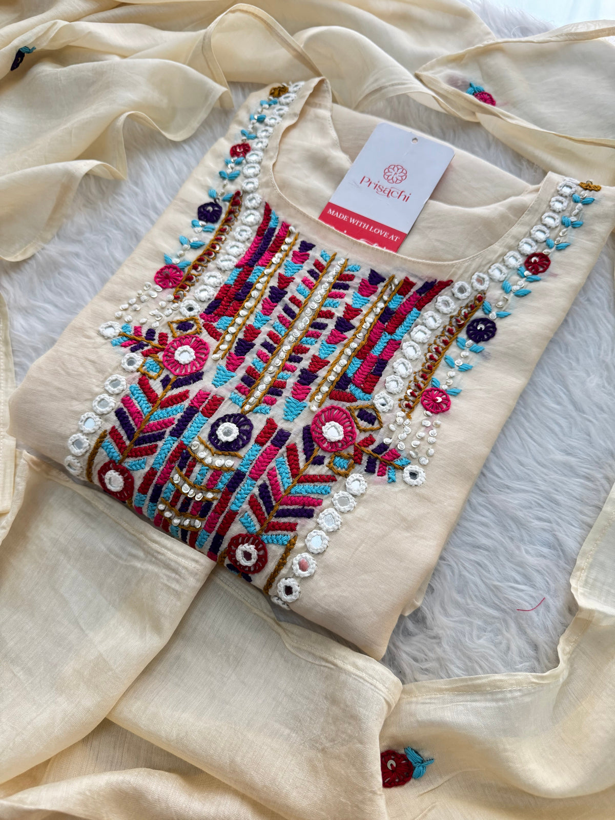 Off White Designer Embroidered Ethnic Kurta set with dupatta and Pants