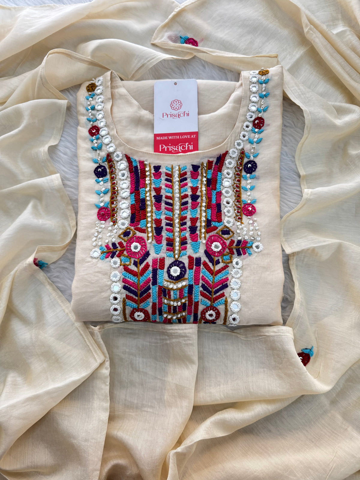 Off White Designer Embroidered Ethnic Kurta set with dupatta and Pants
