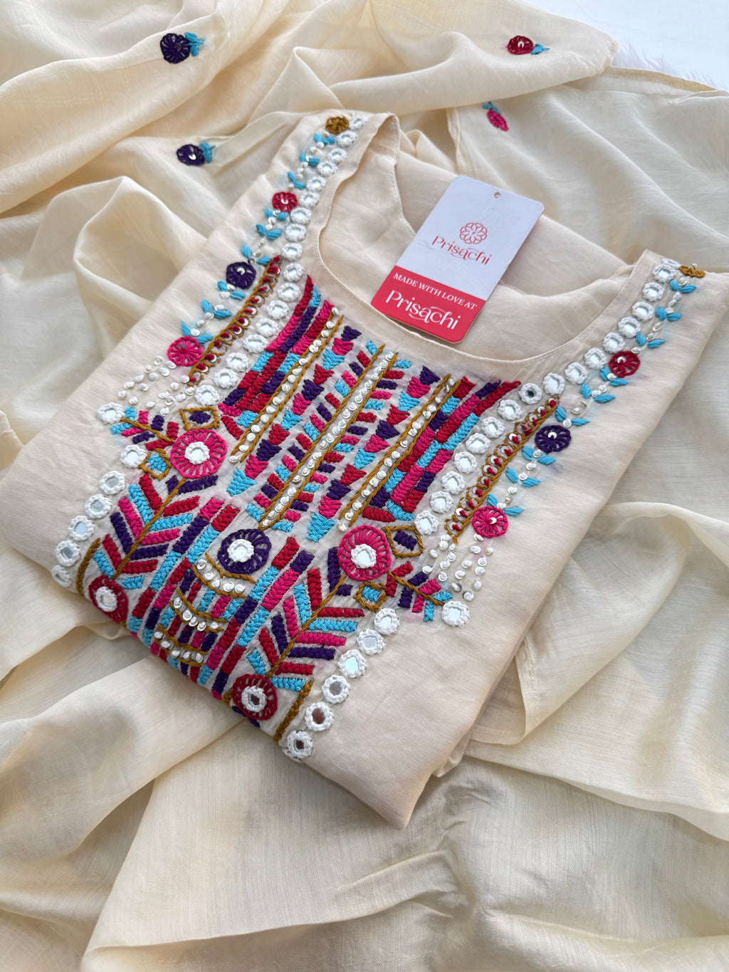 Off White Designer Embroidered Ethnic Kurta set with dupatta and Pants