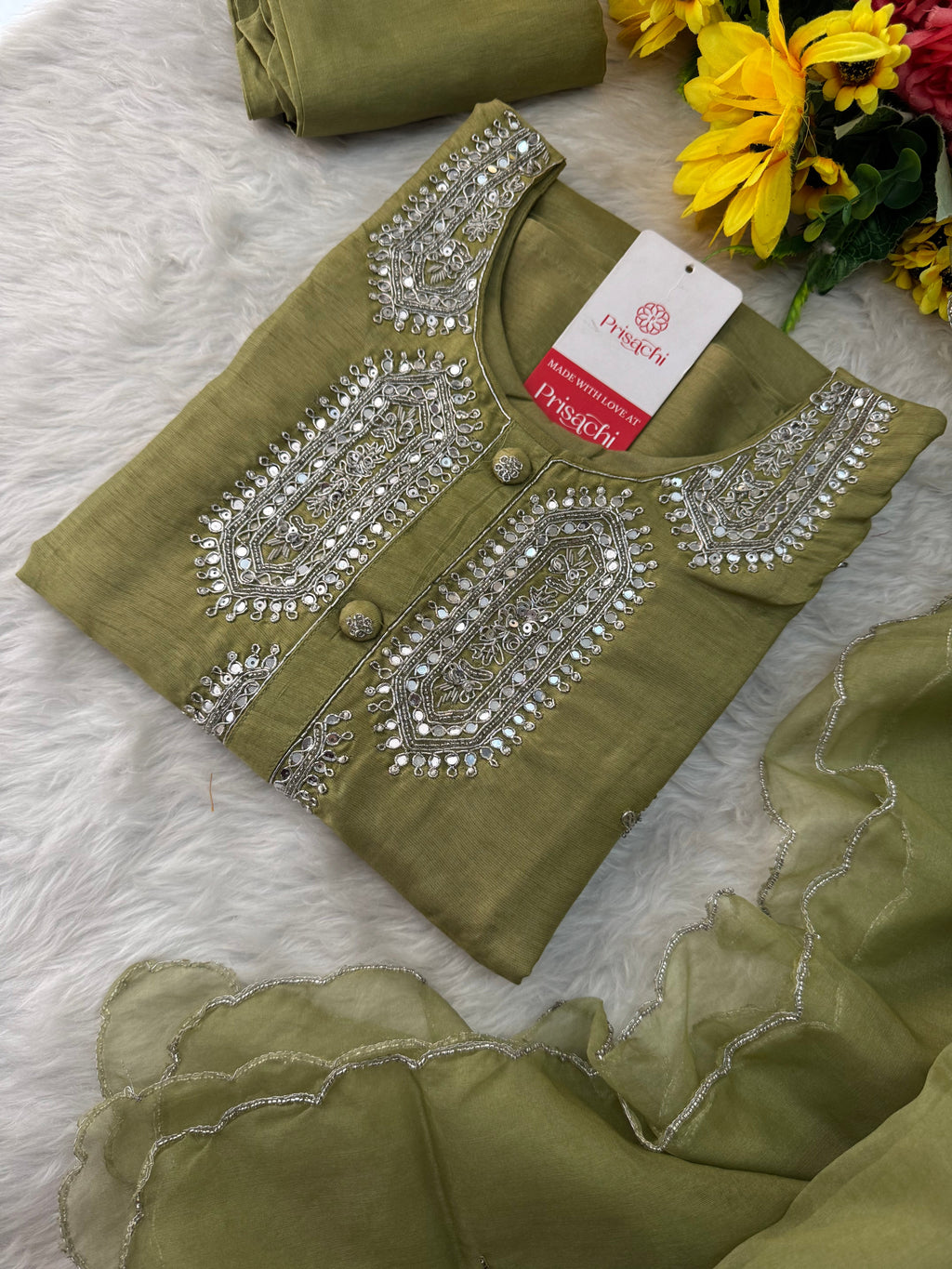 Green Designer Embroidered Kurta Set with Pants & Dupatta – Ethnic Wear for Women