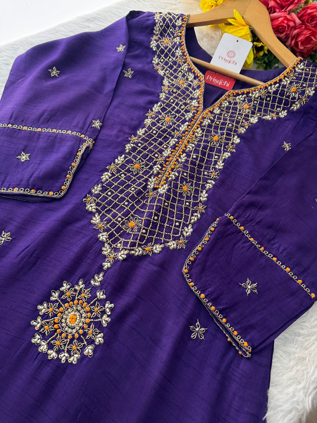 Purple Designer Ethnic Embroidered Kurta Set with Dupatta & Pants