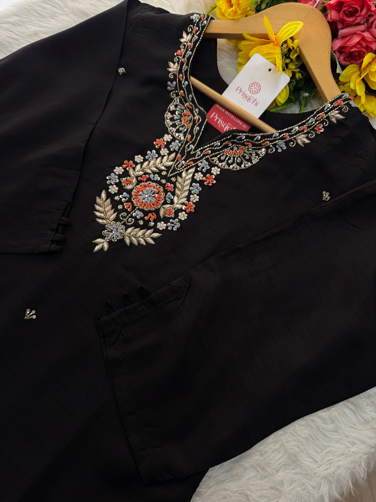 Black Designer Embroidered Kurta set with Banarasi Dupatta with Pant