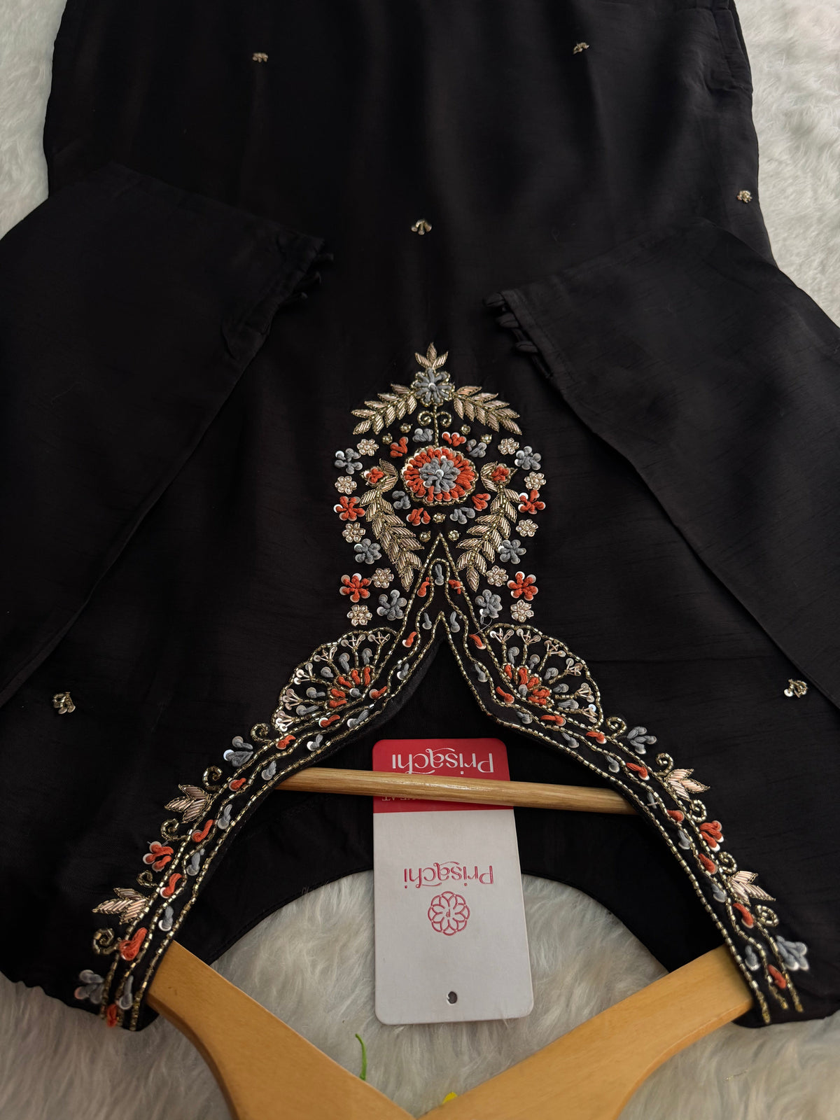 Black Designer Embroidered Kurta set with Banarasi Dupatta with Pant