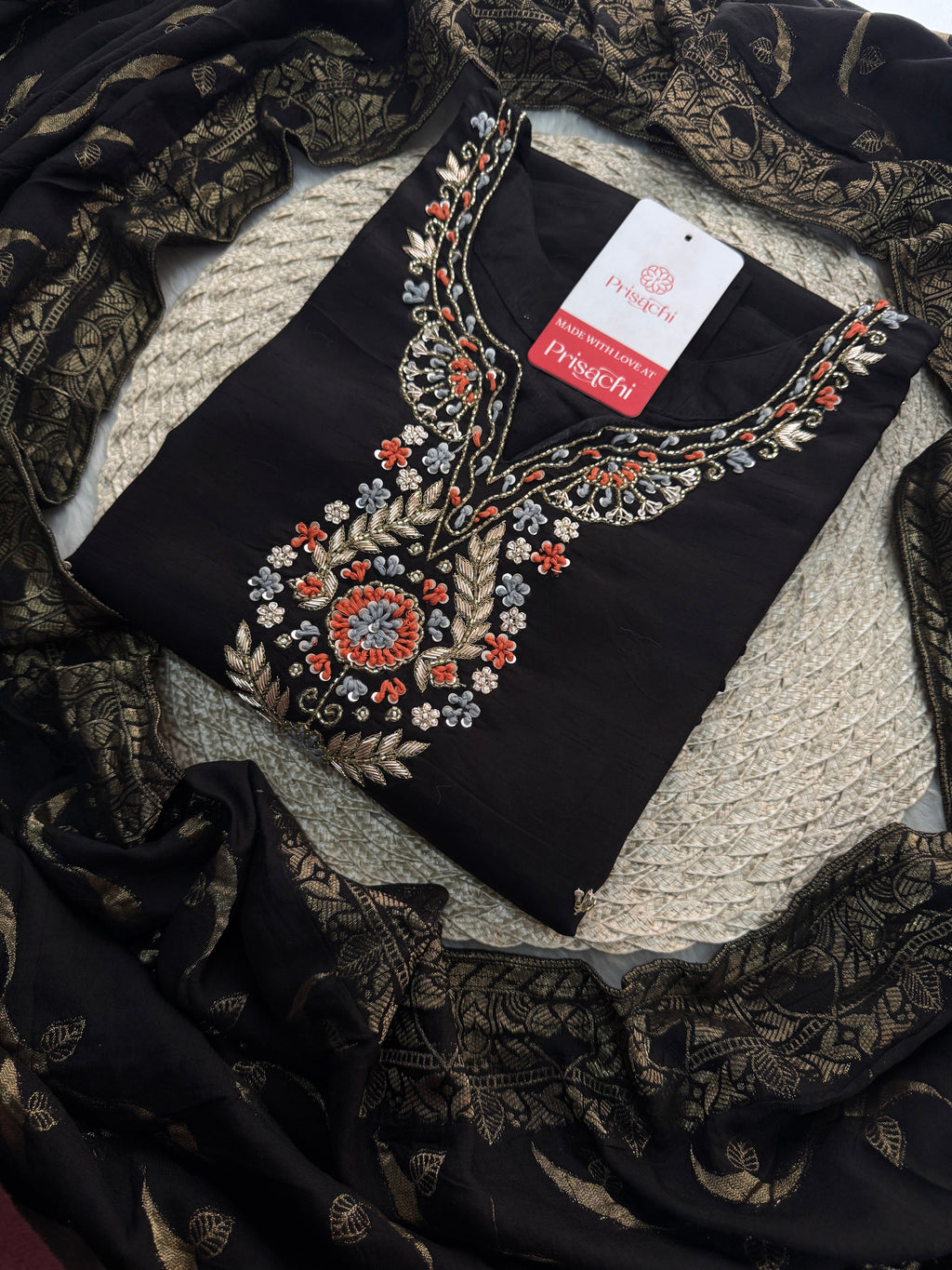 Black Designer Embroidered Kurta set with Banarasi Dupatta with Pant
