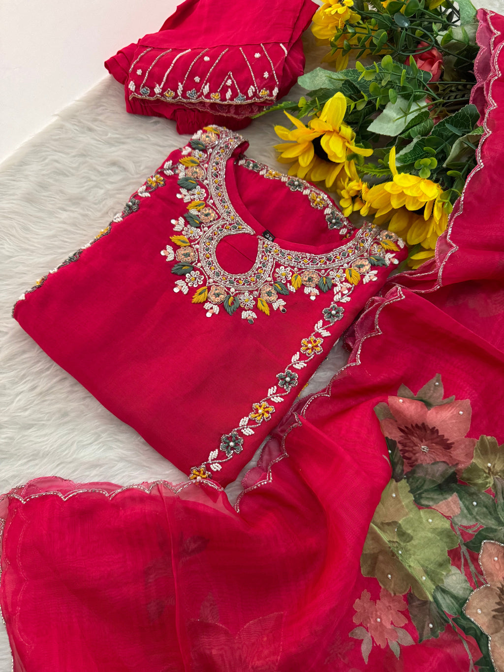 Pink Designer Embroidered Ethnic Kurta Set with Pants & Dupatta
