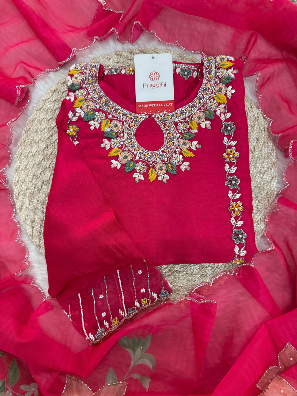 Pink Designer Embroidered Ethnic Kurta Set with Pants & Dupatta