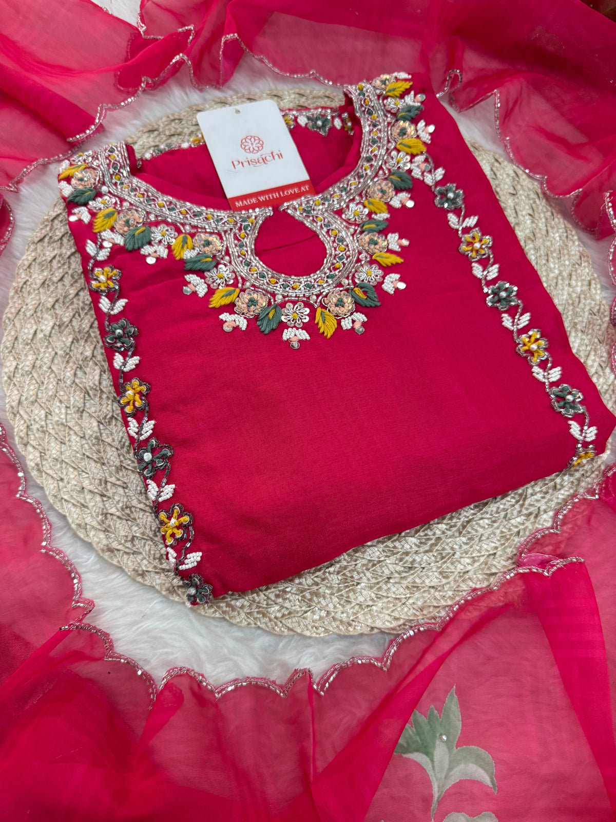 Pink Designer Embroidered Ethnic Kurta Set with Pants & Dupatta