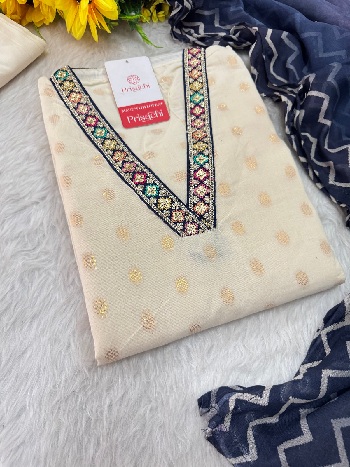 Off White Designer Embroidered Ethnic Kurta set with Pants and Dupatta