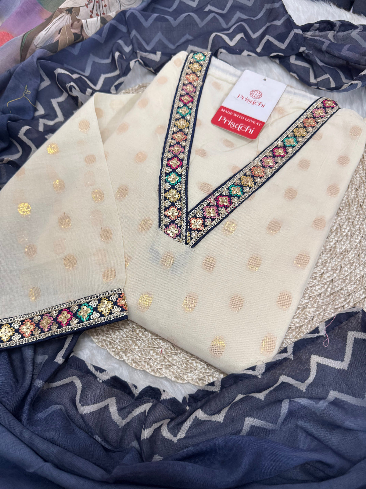 Off White Designer Embroidered Ethnic Kurta set with Pants and Dupatta