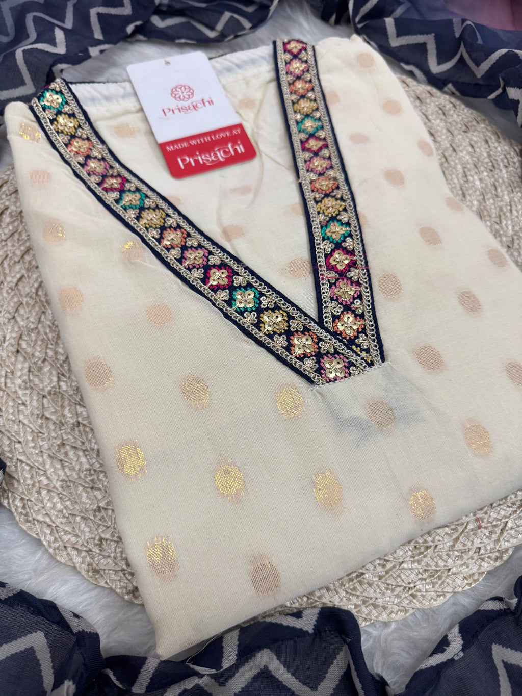 Off White Designer Embroidered Ethnic Kurta set with Pants and Dupatta