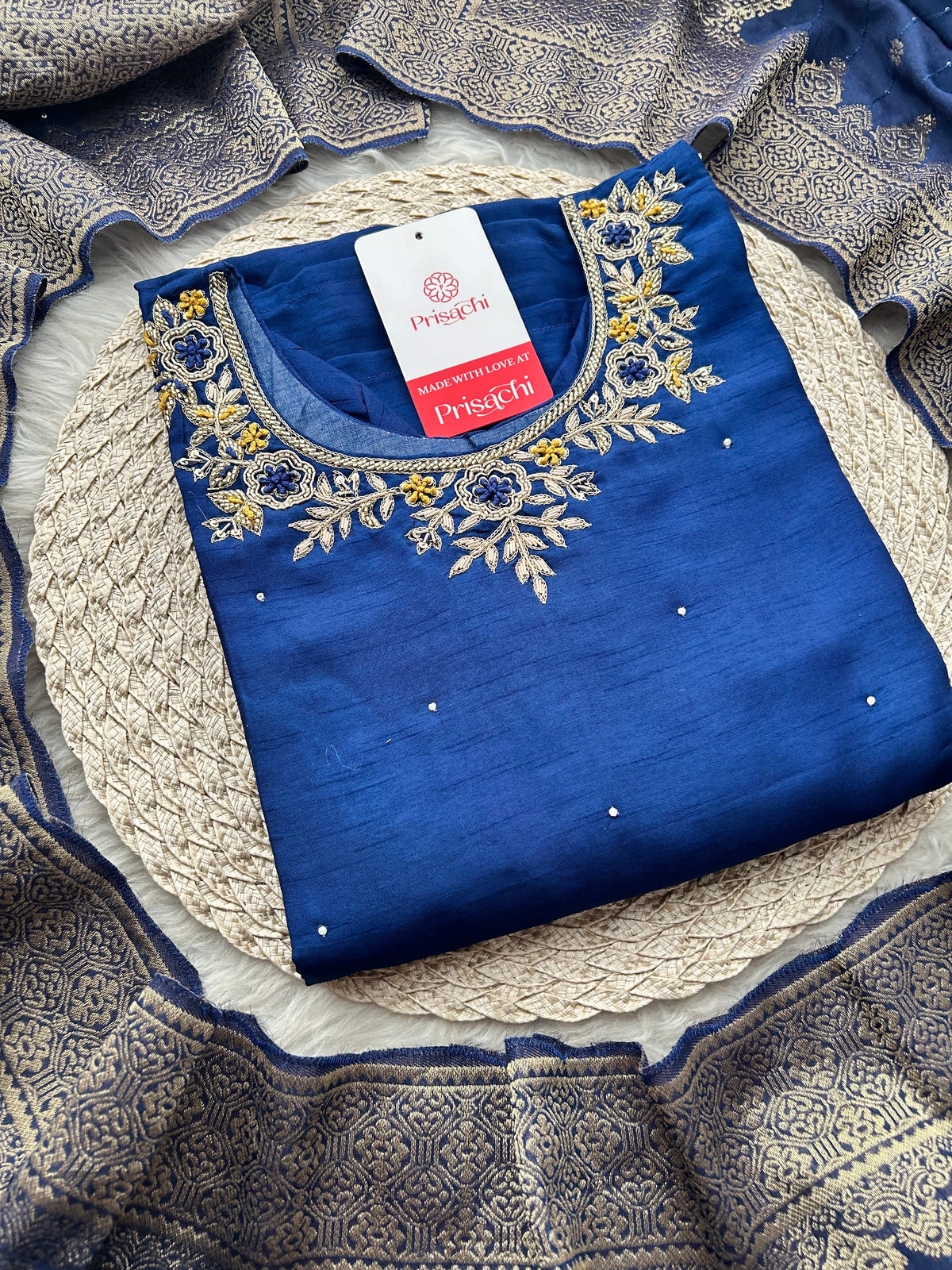 Red Embroidered Kurta Set with Banarasi Dupatta & Pants | Hand Embroidery Ethnic Suit Set