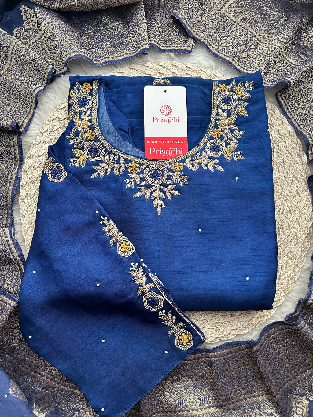 Red Embroidered Kurta Set with Banarasi Dupatta & Pants | Hand Embroidery Ethnic Suit Set