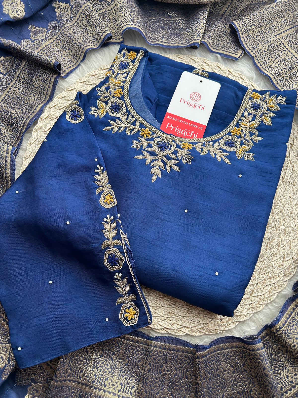Red Embroidered Kurta Set with Banarasi Dupatta & Pants | Hand Embroidery Ethnic Suit Set