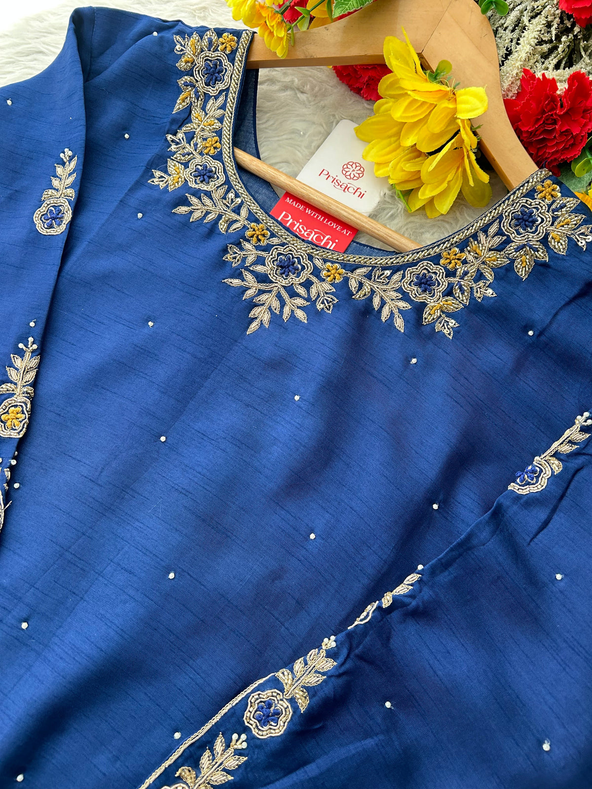 Red Embroidered Kurta Set with Banarasi Dupatta & Pants | Hand Embroidery Ethnic Suit Set