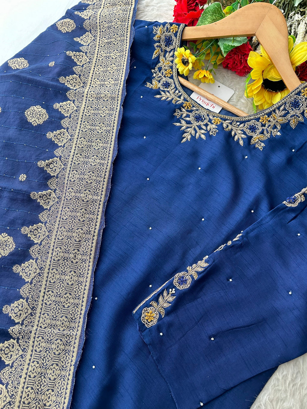 Red Embroidered Kurta Set with Banarasi Dupatta & Pants | Hand Embroidery Ethnic Suit Set