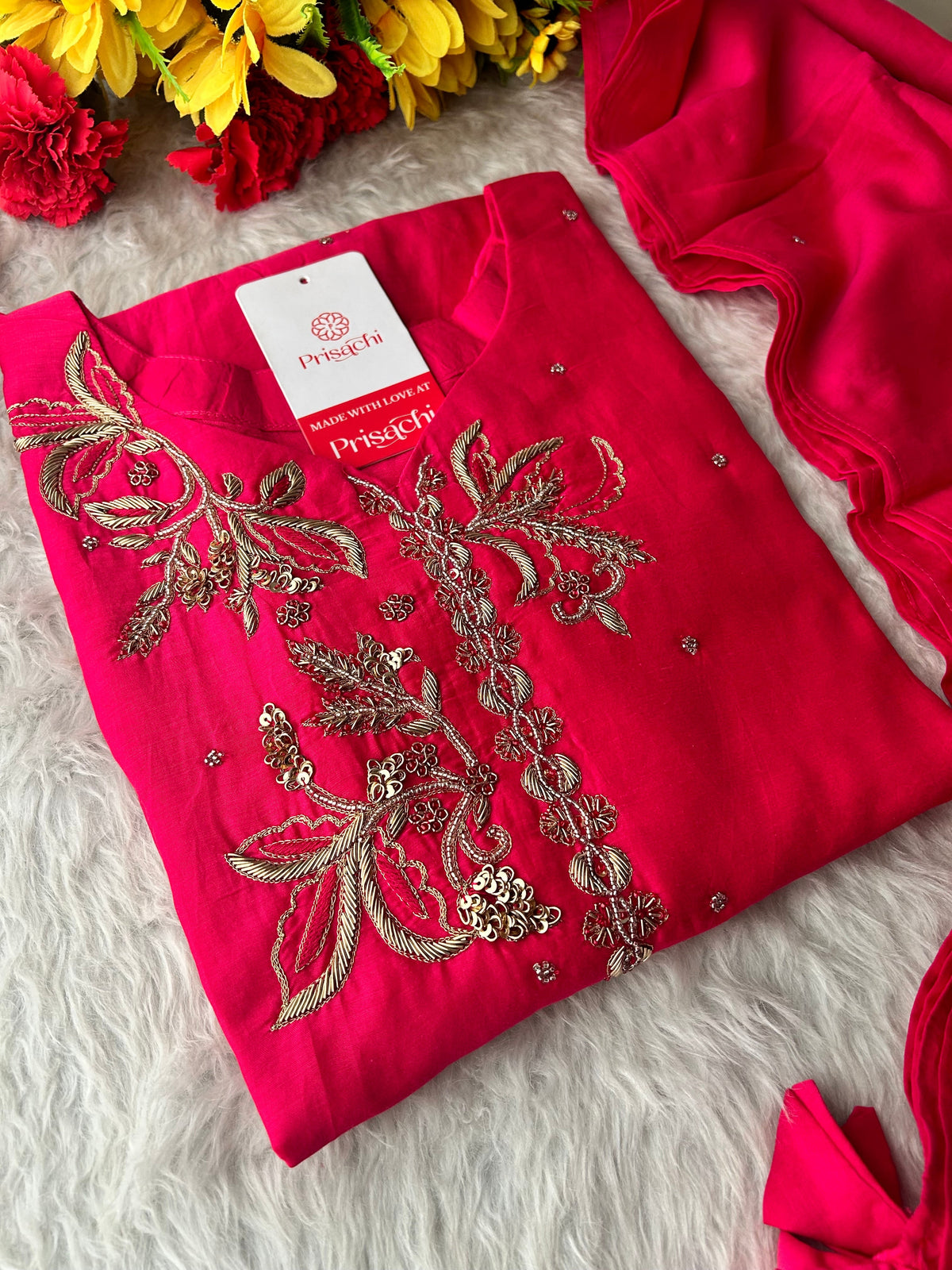 Pink Zardozi Embroidered A-Line kurta set with dupatta and Pants | Ethnic Suit Set