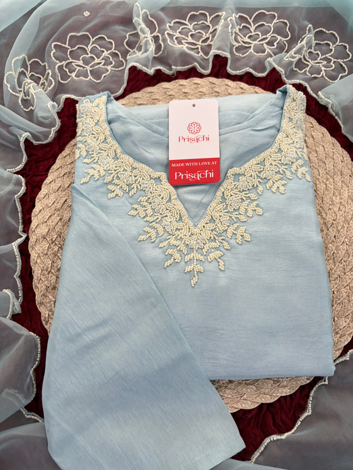 Pastel Blue Embroidered Ethnic Kurta set with Pants and Dupatta For Women's | Festive Party Wear Suit Set
