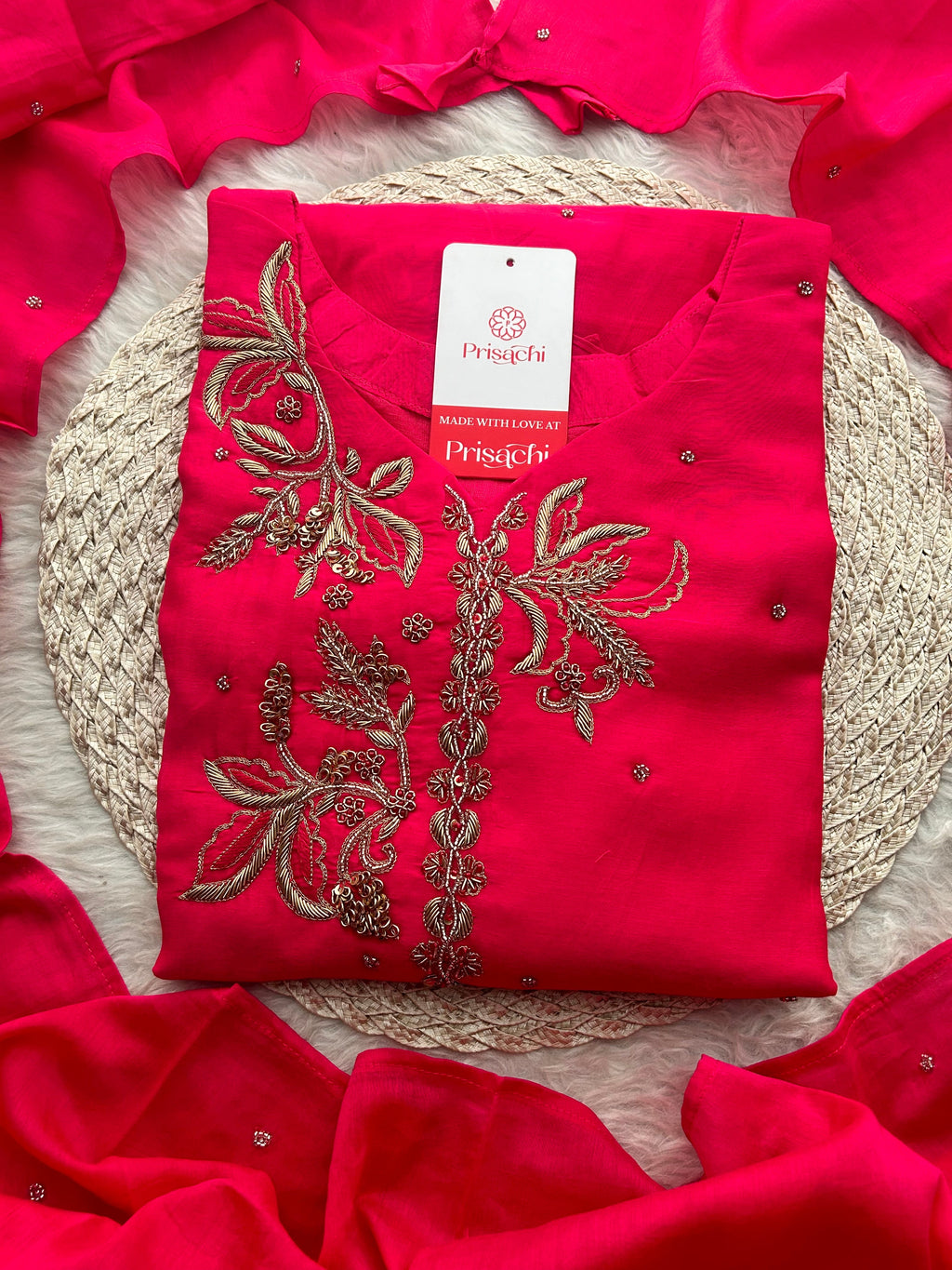 Pink Zardozi Embroidered A-Line kurta set with dupatta and Pants | Ethnic Suit Set